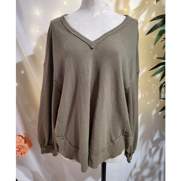 Altar'd State Balloon Sleeve Waffle Knit Thermal Pullover Womens Size L Green - Picture 1 of 9